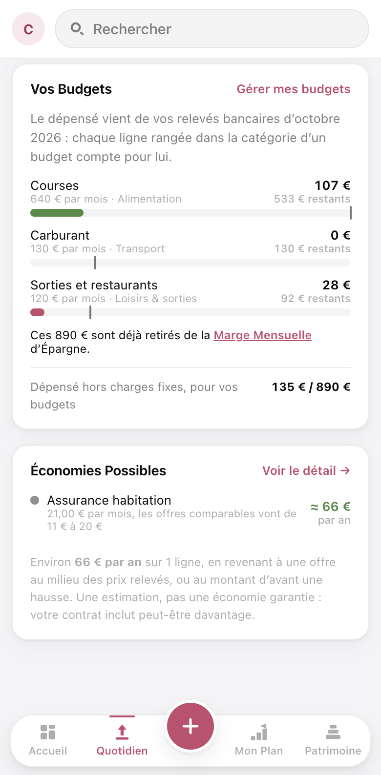 Vos budgets : 135 € dépensés sur 890 € prévus