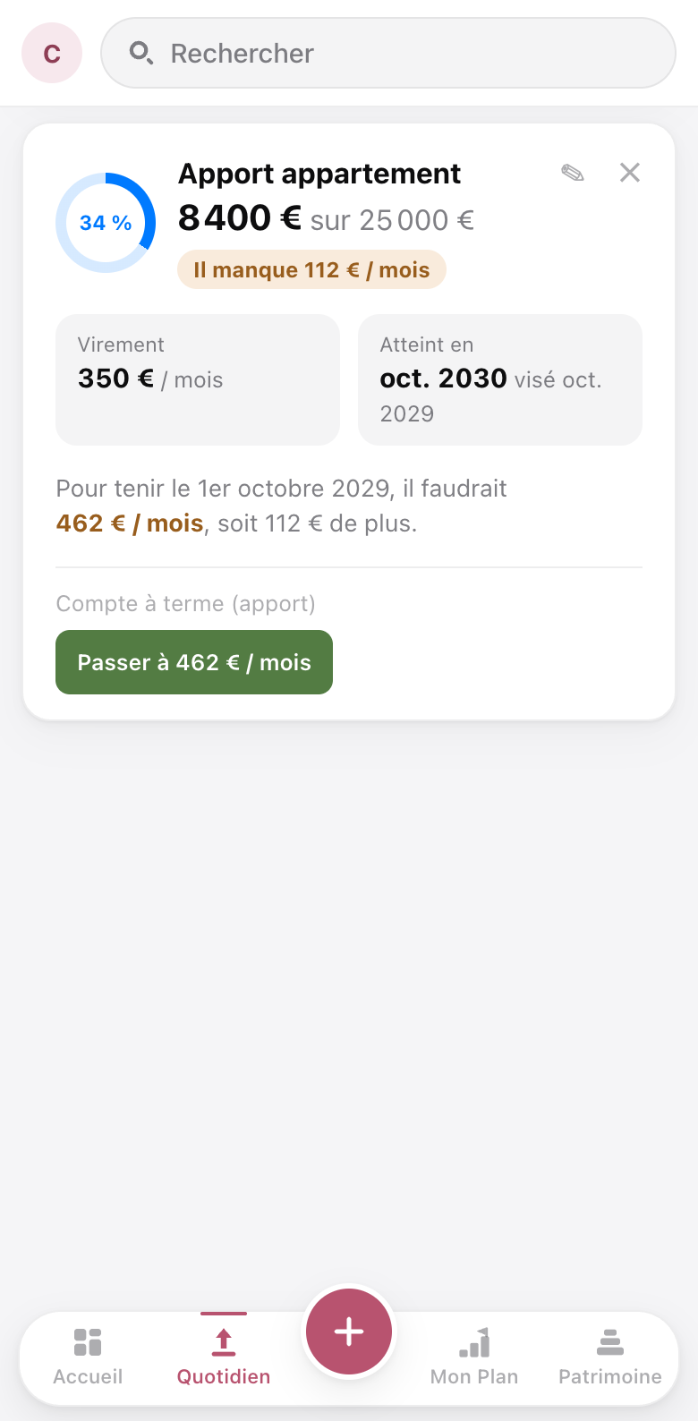 Mes objectifs : apport 8 400 € sur 25 000 €, 462 € par mois pour tenir la date