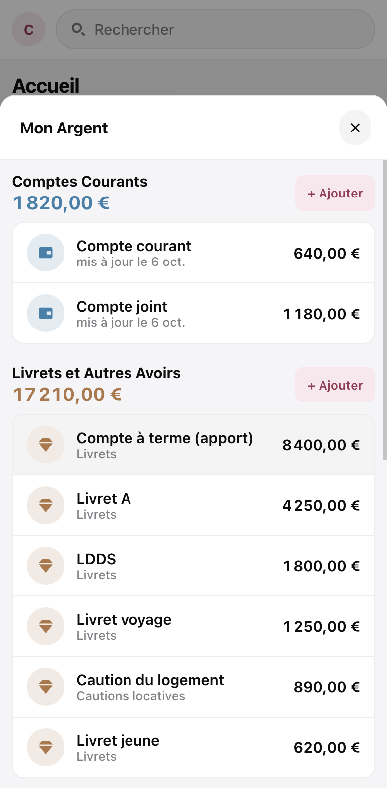 Mon Argent : comptes courants 1 820 €, livrets et autres avoirs 17 210 €
